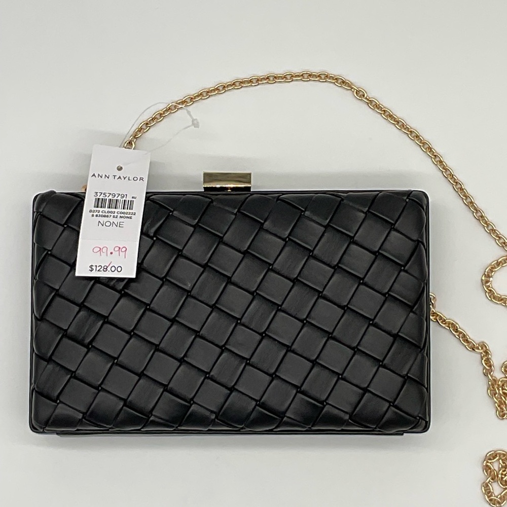 NWT Ann Taylor Black Woven Clutch with Gold Chain